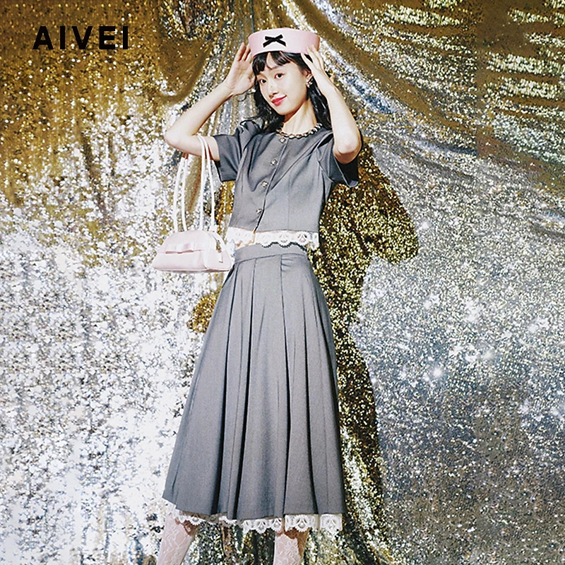 格雷千金AIVEI法式茶歇蕾丝边小灰裙套装S712101A