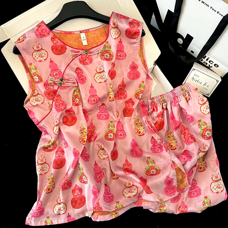 无袖背心睡衣女夏季薄款国风新中式短裤冰丝复古汉服家居服可外穿