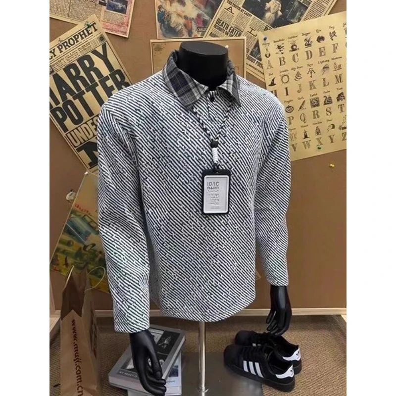 雪尼尔拼接格子领卫衣男款秋冬潮牌美式复古小香风条纹长袖polo衫