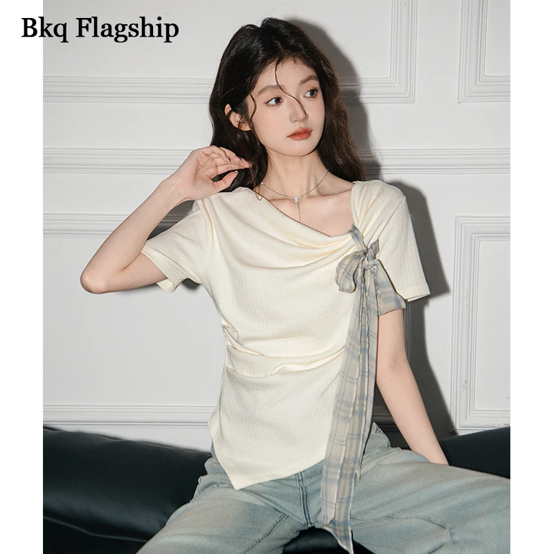 2025夏季新短袖T恤女韩系格纹可拆丝带蝴蝶结斜肩不规则减龄上衣