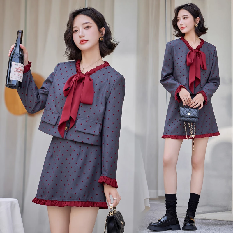 法式小香风轻奢套装女波点撞色系带上衣半身裙两件套秋季新款套装