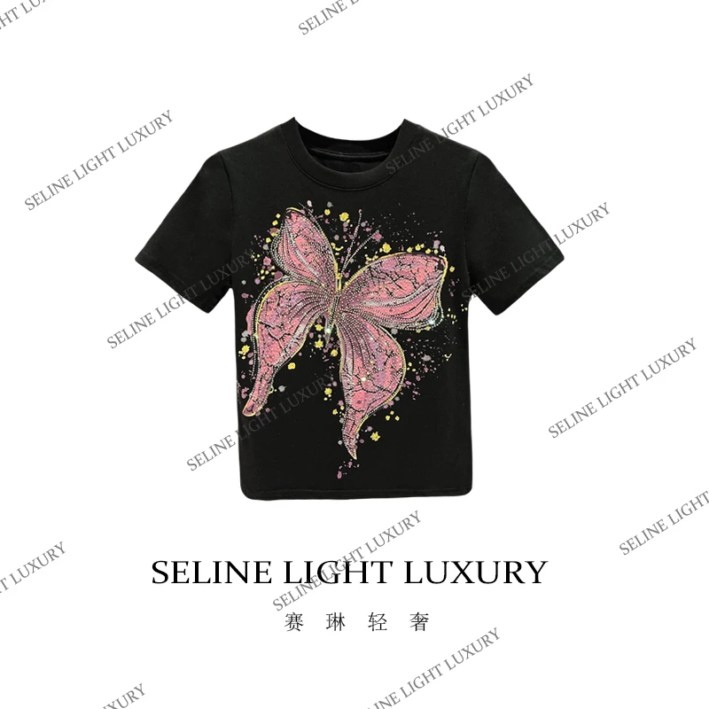 [25C-148]七 2025 SELINE 原创华丽蝴蝶印花轻奢百搭圆领短袖T恤