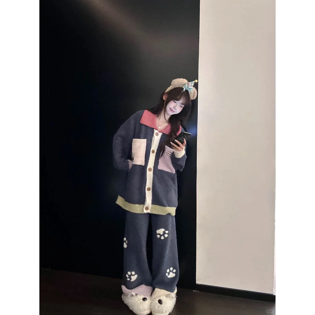 甜美可爱撞色睡衣针织半边绒睡衣女秋冬季加厚保暖长裤家居服套装