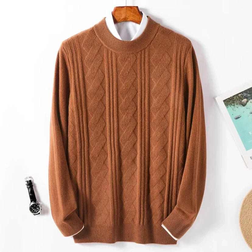 绵羊毛含山羊绒男士冬厚吉祥如意保暖毛衣半高领绞花针织衫 925