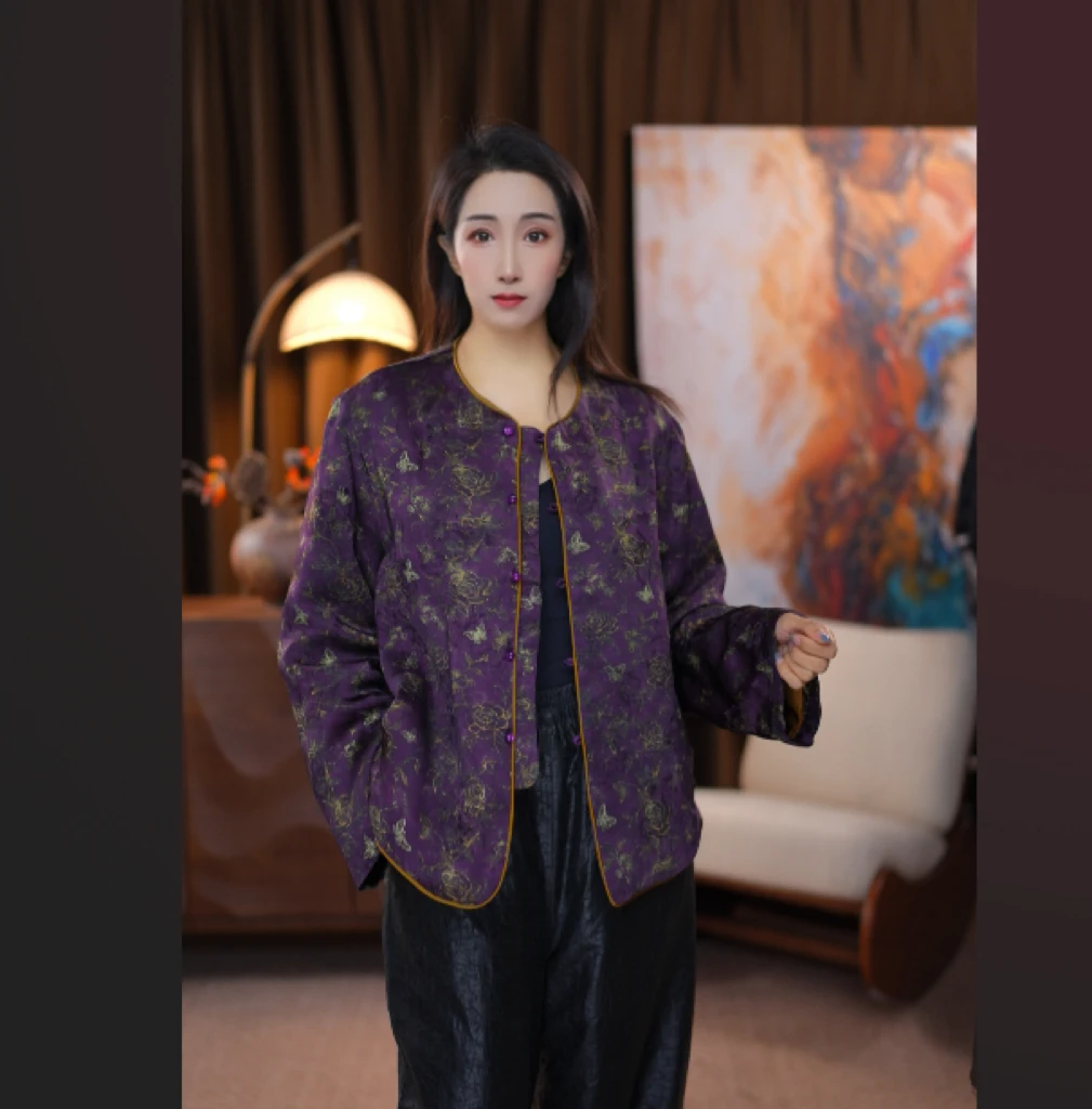 【芷兰】新中式宽松型圆领长袖真丝蚕丝袄