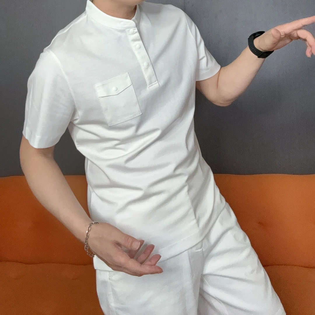 J春夏新款轻奢百搭高品质男士时尚潮流短袖T恤小V亨利领设计87339