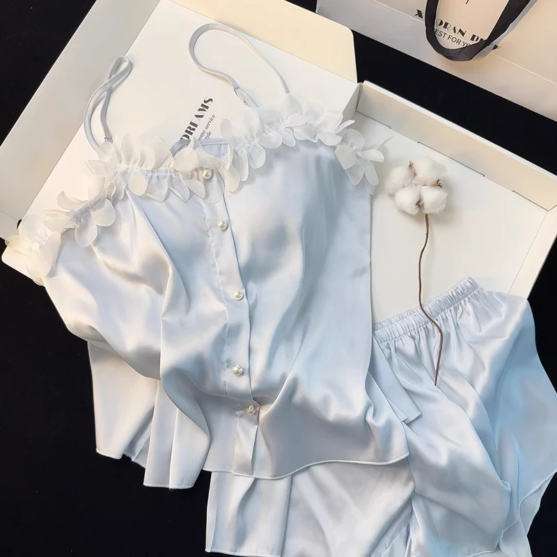 带胸垫睡衣家居服甜美少女纯欲千金花瓣吊带短裤冰丝睡衣女夏季