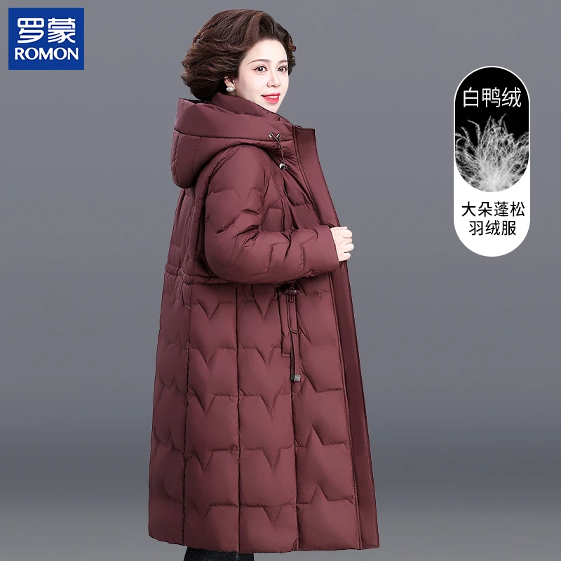 罗蒙妈妈冬装保暖羽绒服连帽长款2025新款时尚中老年女士纯色外套