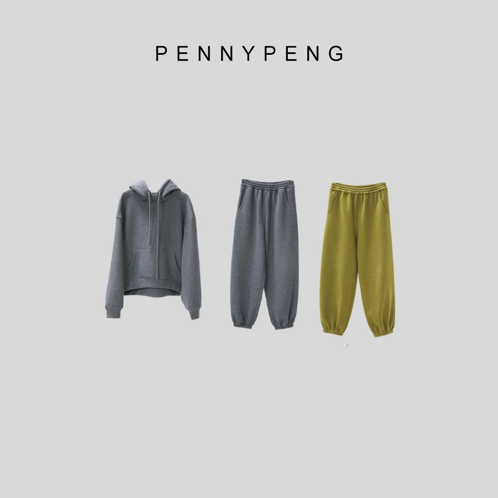 PENNYPENG灰月光春季个性运动时尚宽松舒适百搭休闲上衣裤子套装