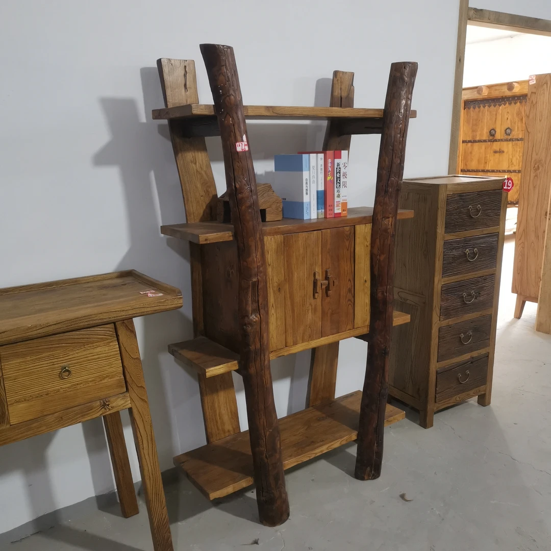 卯榫木质工艺田园风双层原木置物架客厅柜子阳台边柜做旧家用古典