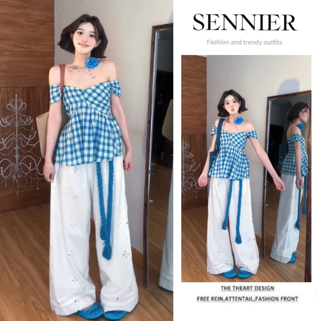 时尚穿搭一整套2025新款韩版设计感漏肩格子上衣宽松阔腿裤两件套