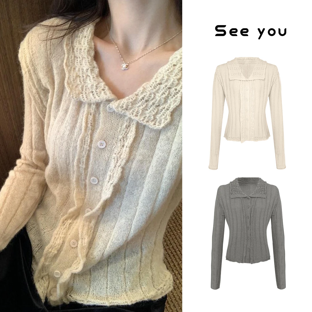 简约复古木耳边Polo领针织开衫L1854