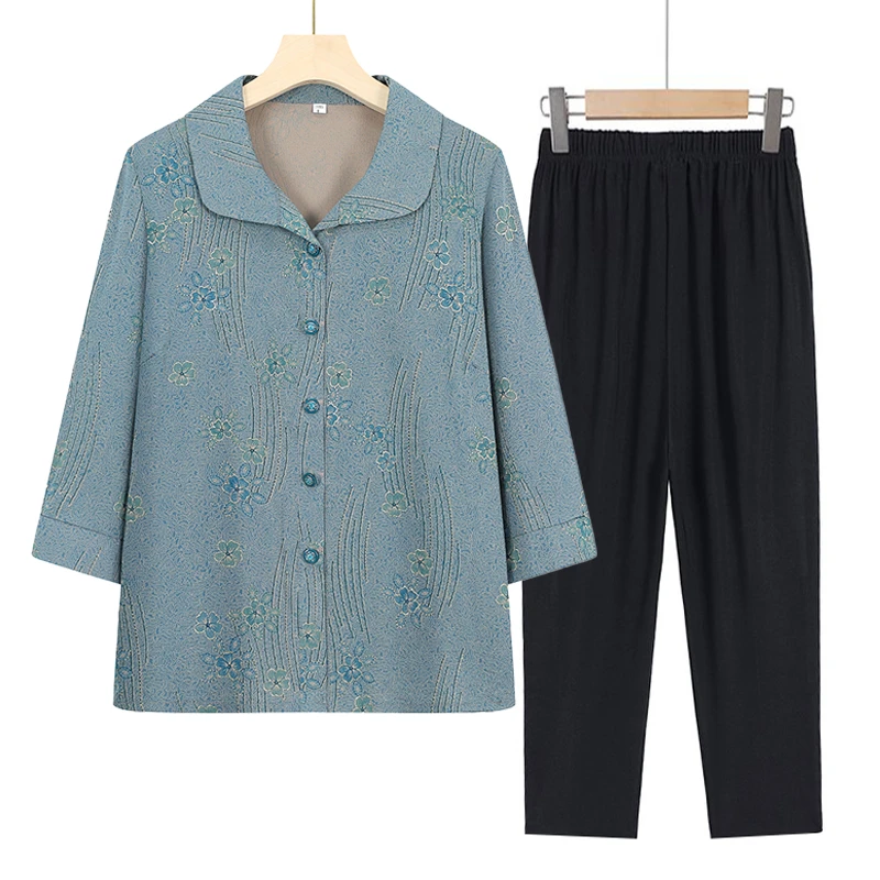 妈妈夏装中袖上衣翻领中老年人女妈妈装夏季开衫两件套老太太衣服