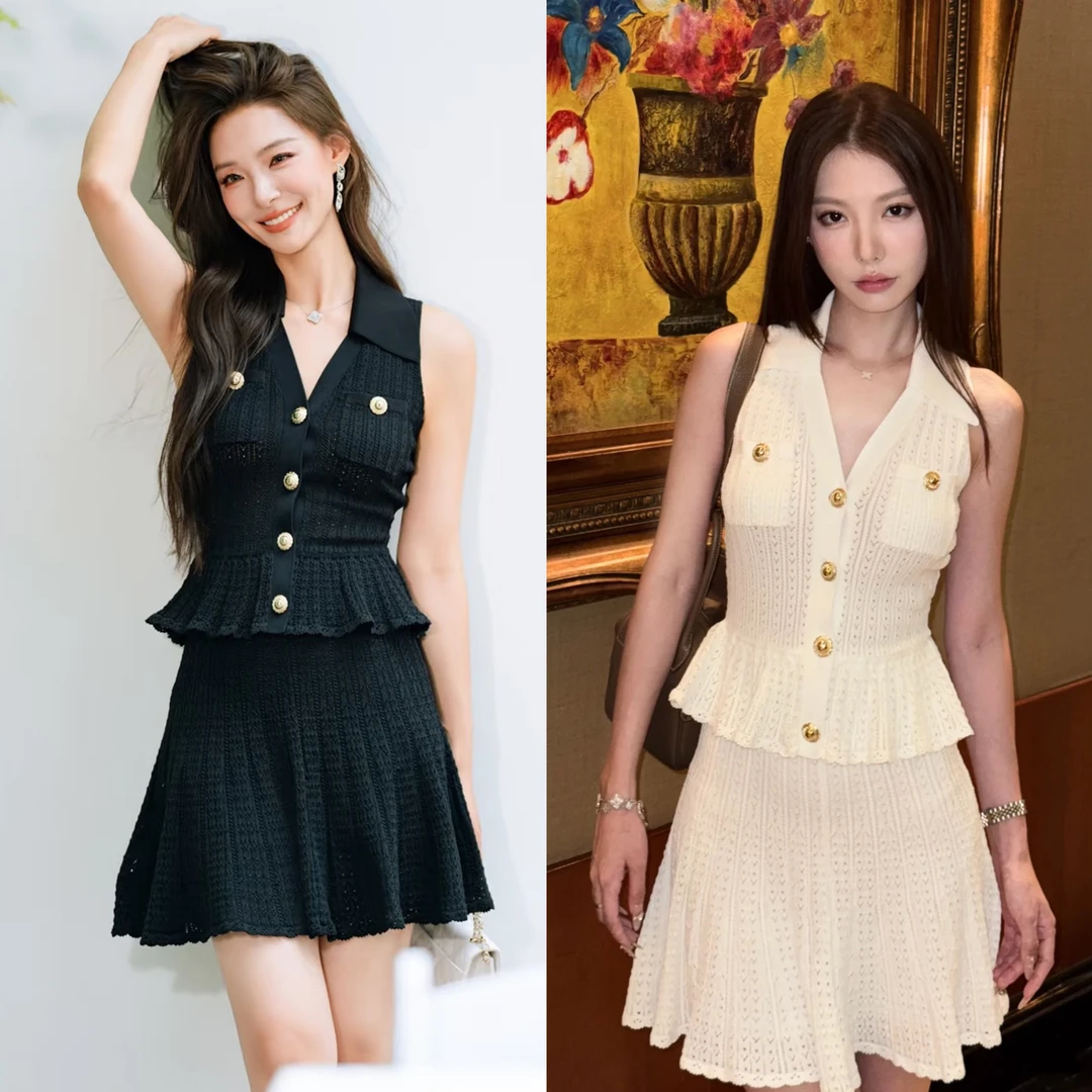 （珊珊家）原原单单法式黑白镂空收腰显瘦精致千金风短款针织连衣裙