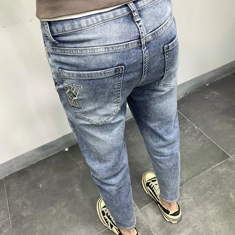 网红新款牛仔裤男潮流韩版修身精神小伙显瘦小脚休闲社会人九分裤