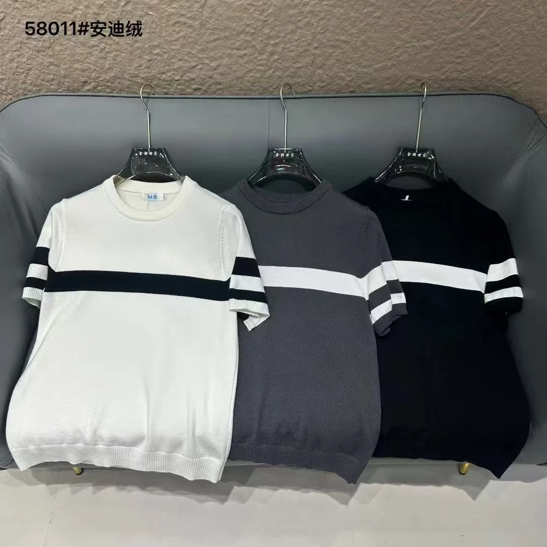 针织短袖圆领条纹薄款毛衣针织衫时尚夏季男士潮流