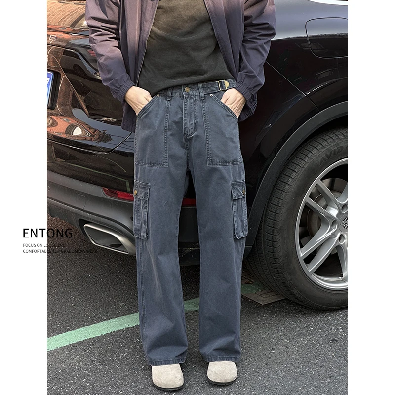 Entong美式复古潮流多口袋水洗牛仔裤男春季新款街头休闲工装长裤