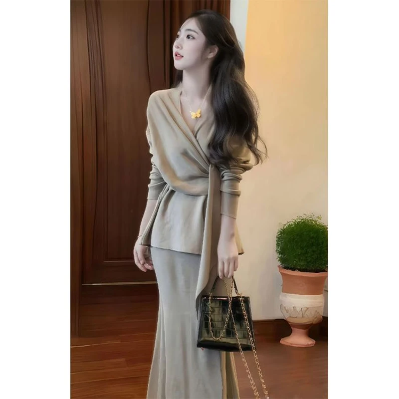 2025春季新款女慵懒风绑带修身针织毛衣上衣气质鱼尾高腰半身裙子