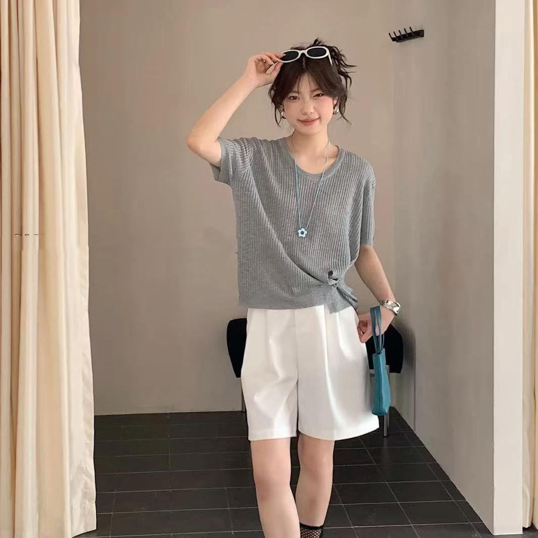 【墨瑧精选】夏季薄款时尚短袖宽松不规则洋气针织衫衬衫66081