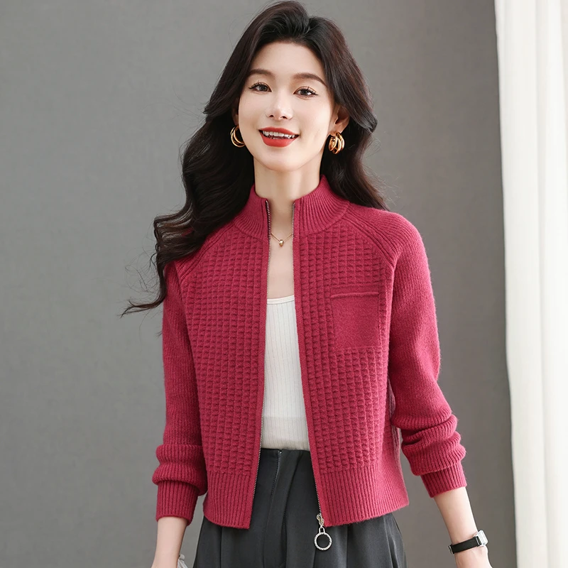 立领小个子针织开衫女春秋爆款短外搭高腰棒球服休闲毛衣外套上衣