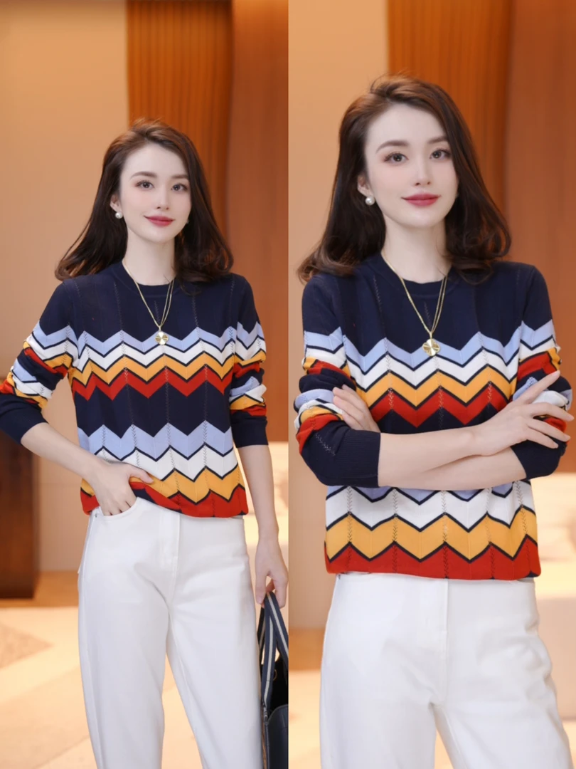 【落日涟漪】撞色水波纹圆领百搭休闲针织衫XY25394