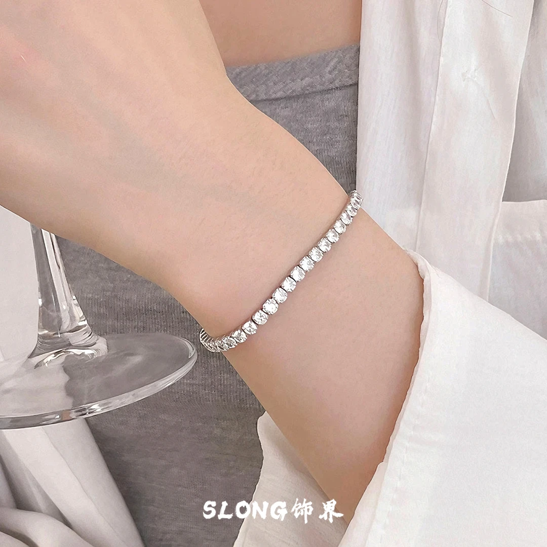 铜合金锆石手链 高品质满钻锆石小众银色个性网球手链