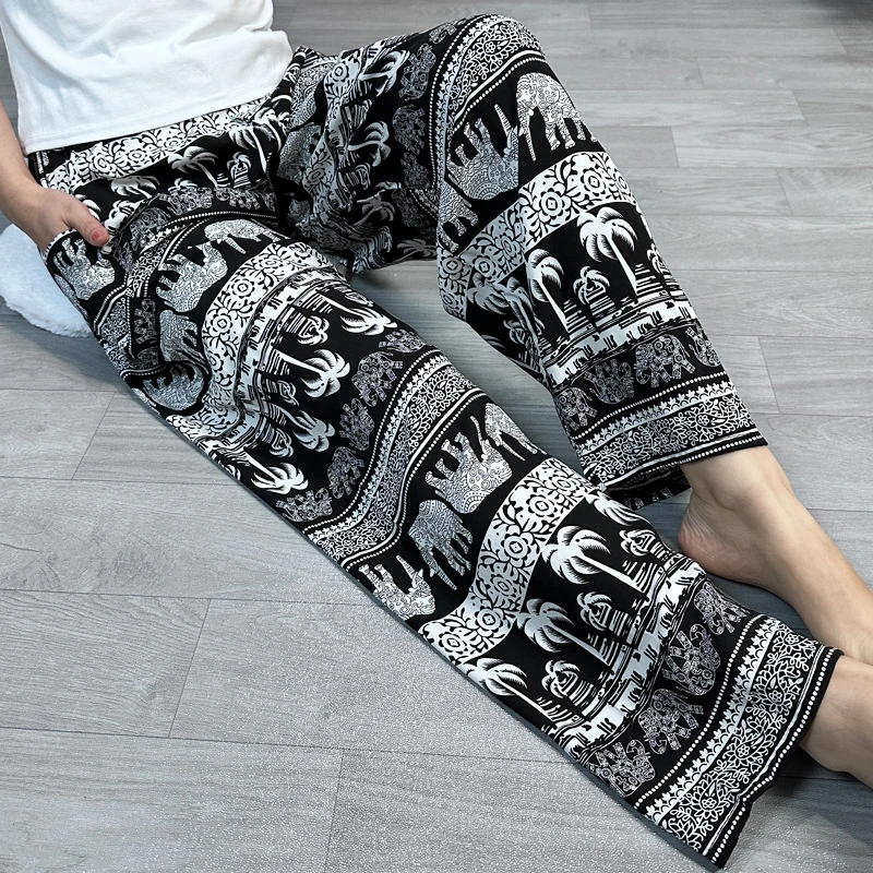 东南亚跨境大象阔腿裤女夏季薄款高腰民族风直筒宽松休闲裤沙滩裤