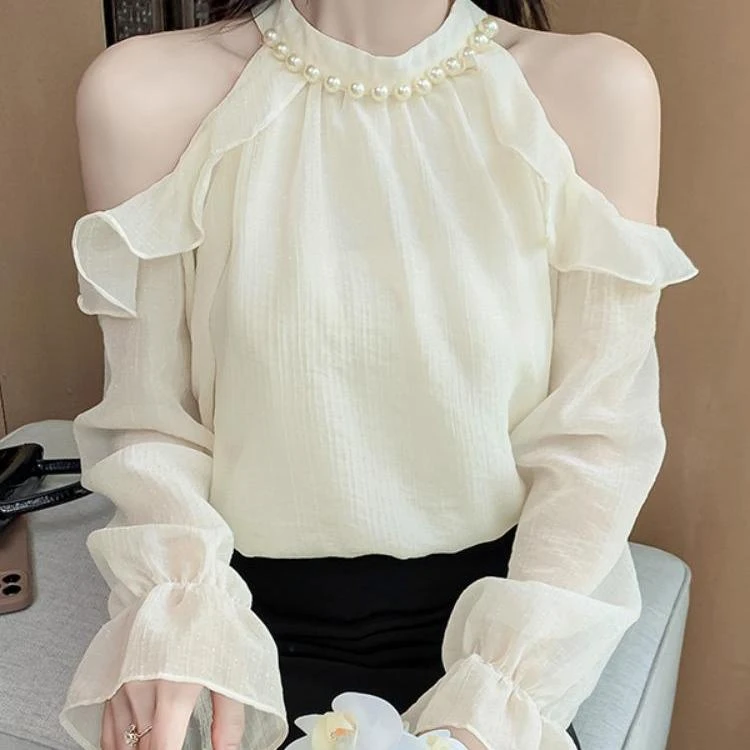 露肩衬衫女春夏装2025新款别致漂亮洋气时尚挂脖挖肩上衣设计感