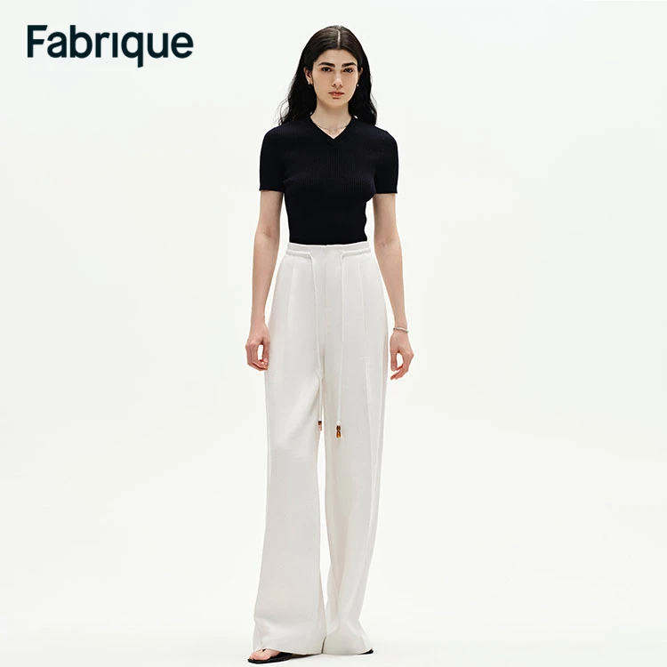 Fabrique Perla 早春新款本白纯汉麻串珠抽绳阔腿透气亲肤休闲裤