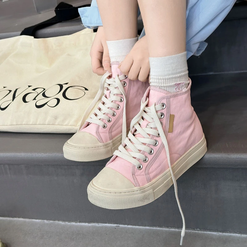 素面高端水洗马皮休闲鞋女2025春夏新款高帮时尚潮流平底板鞋子