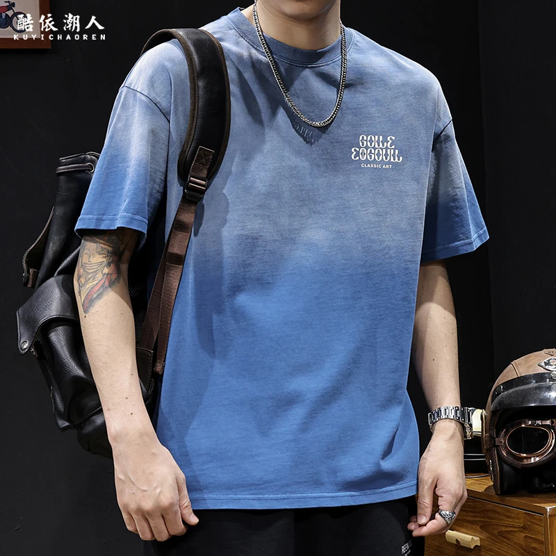 美式复古洗水渐变短袖t恤男士夏季2025新款高端重磅体恤胖子大码