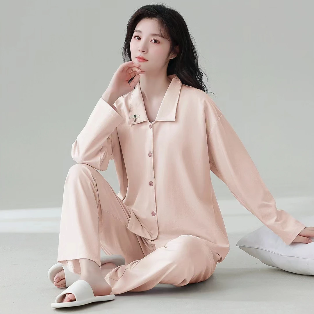 春秋睡衣女长袖亲肤休闲弹力棉家居服套装7901