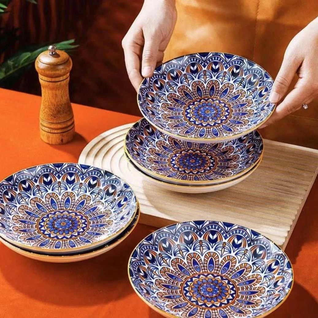 6个7英寸蓝/橙波西米亚菜盘子饭盘家用加厚碗盘餐具套装