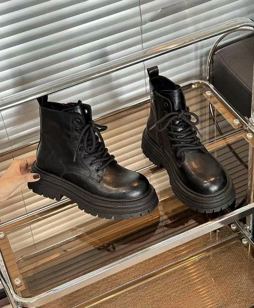 W719-7黑色工装机车靴潮流百搭短筒拉链系带马丁靴女 单里
