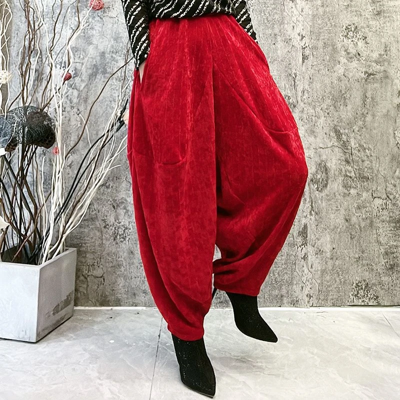 5500高腰灯笼裤松紧腰大红色棋盘格雪尼尔阔腿裤洋气百搭休闲裤女