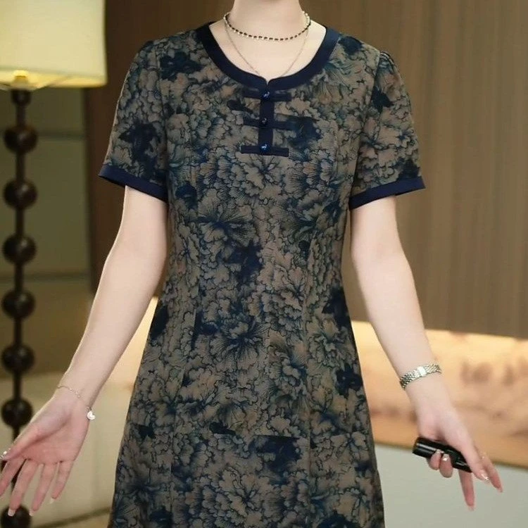 新中式气质礼服裙子2025夏季新款显瘦短袖中长款连衣裙女