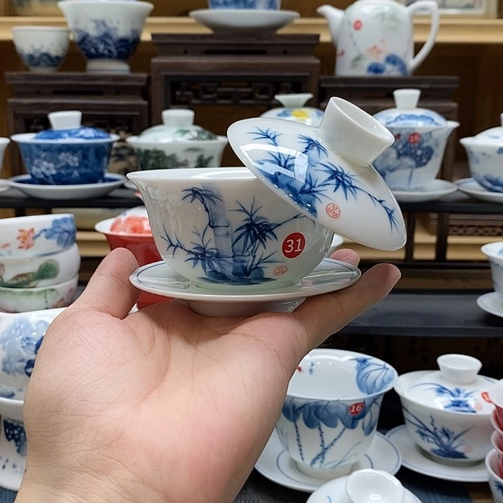 手绘竹子悬停盖碗釉下彩高温瓷微瑕福利款