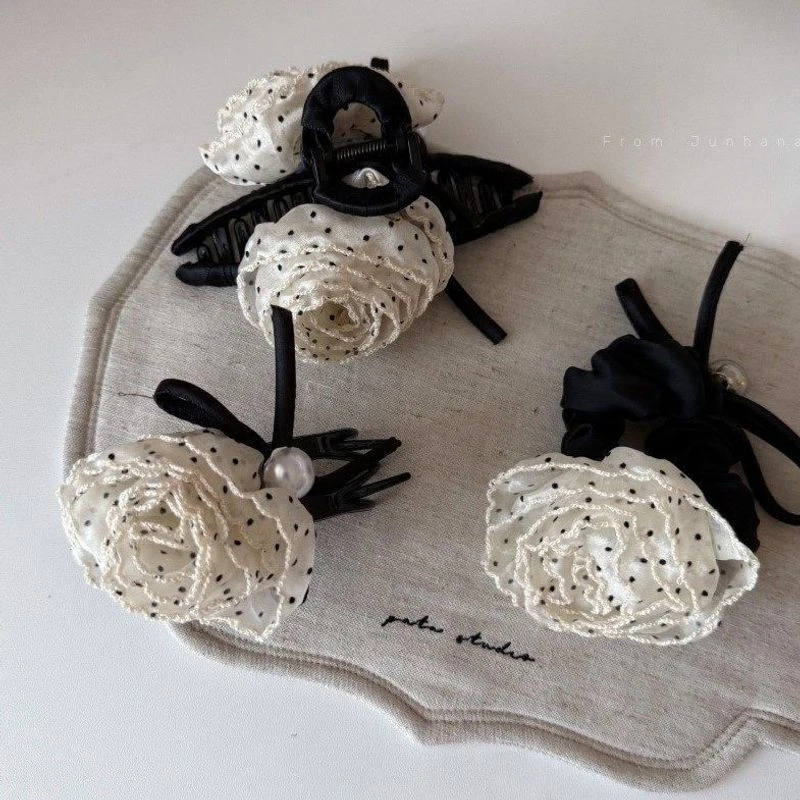 优雅雪纱玫瑰花波点发夹马尾夹发圈扎低马尾珍珠头绳抓夹鲨鱼发饰