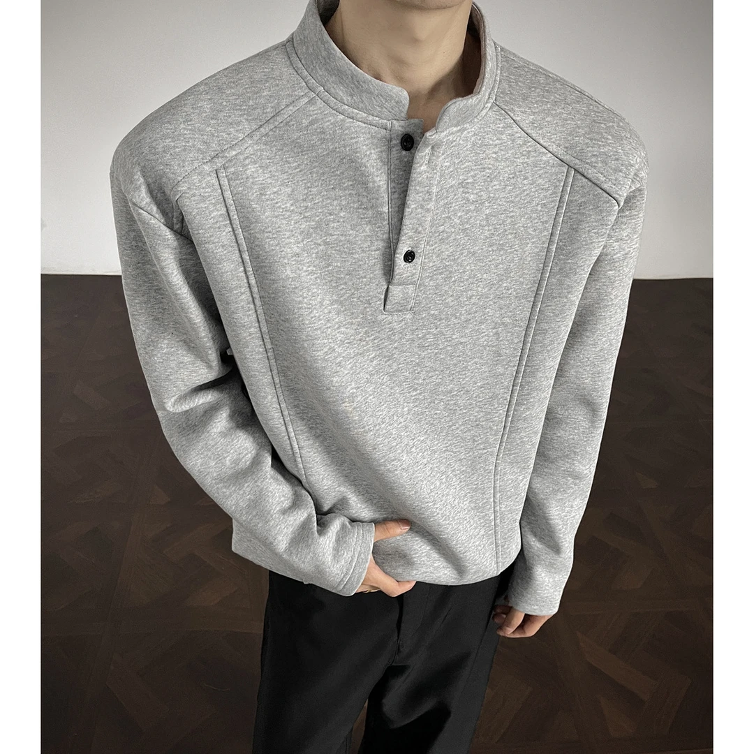 灰色亨利领长袖polo衫男款美式解构拼接正肩t恤boxy版型内搭卫衣