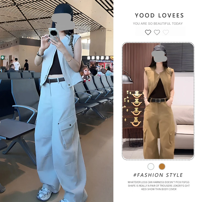 美式休闲工装马甲上衣大口袋阔腿裤两件套女设计感2025春秋套装潮