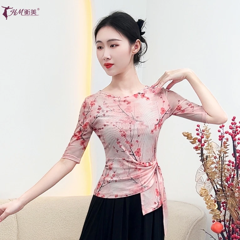 古典舞练功服圆领上衣成人身韵纱衣绑带中袖现代舞民族舞服装新款