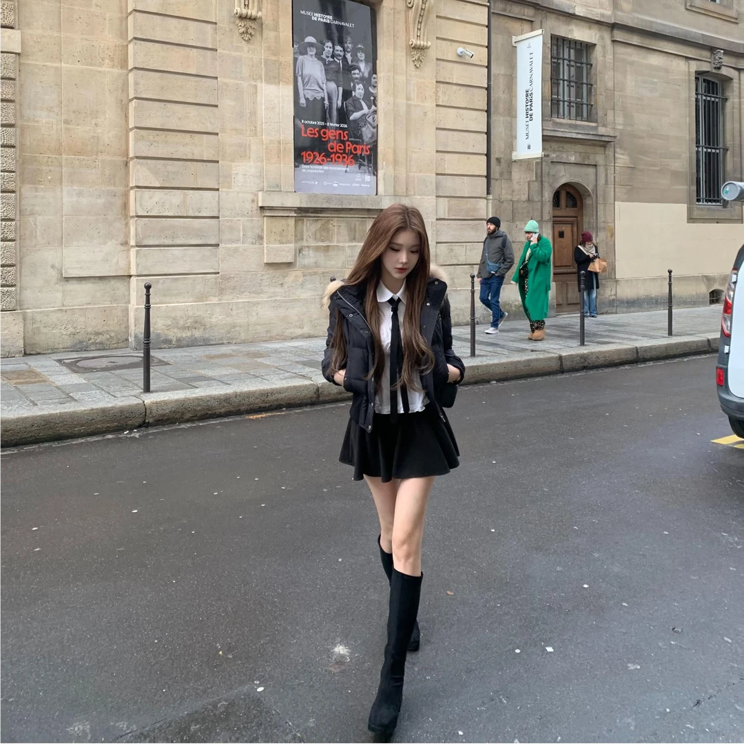 2025秋冬新款chic网红同款毛毛领短款棉服外套女+少女高腰半身裙