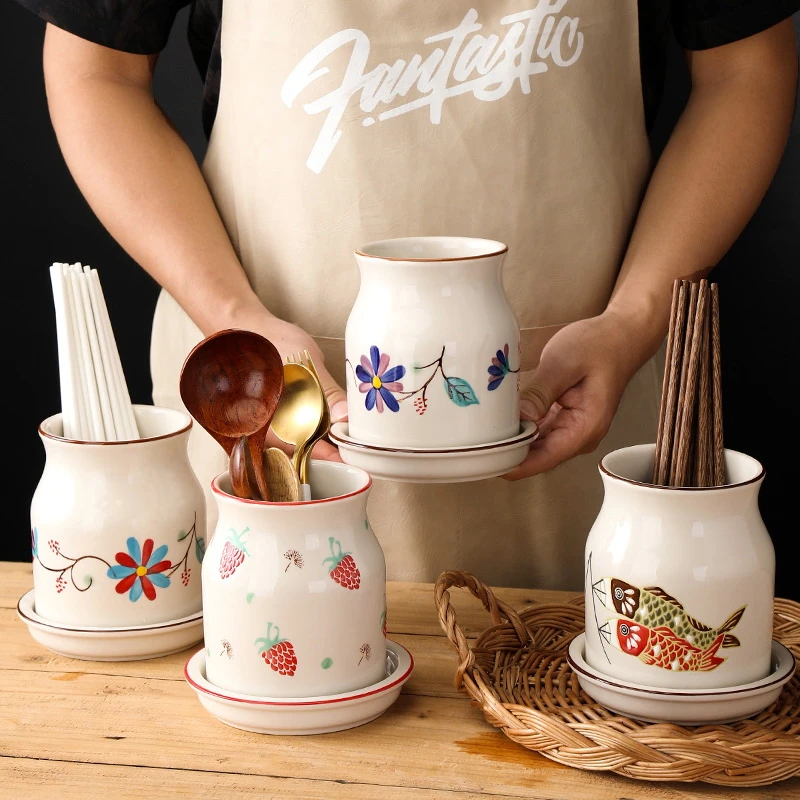 日式陶瓷筷子筒创意筷筒筷笼家用沥水筷桶筷篓厨房餐具锅铲收纳盒