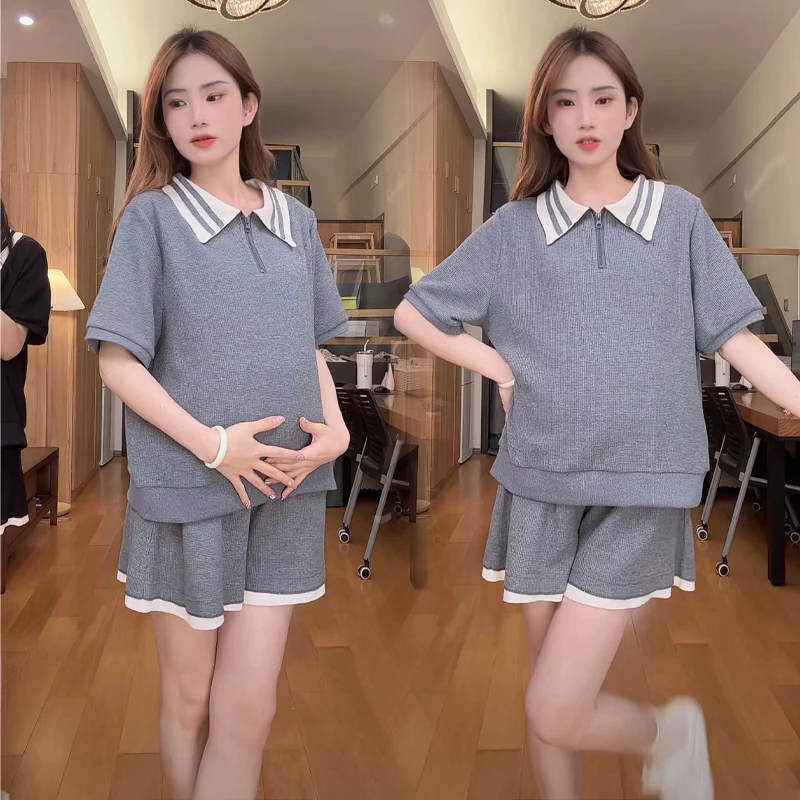 2025夏韩版运动设计感撞色POLO领短袖+显瘦托腹短裤两件套孕妇装