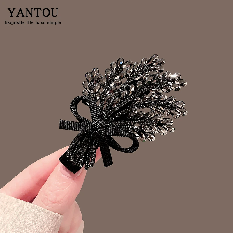 高级感枪黑色水钻麦穗发夹时尚气质蝴蝶结侧边夹鸭嘴夹 LN-7674