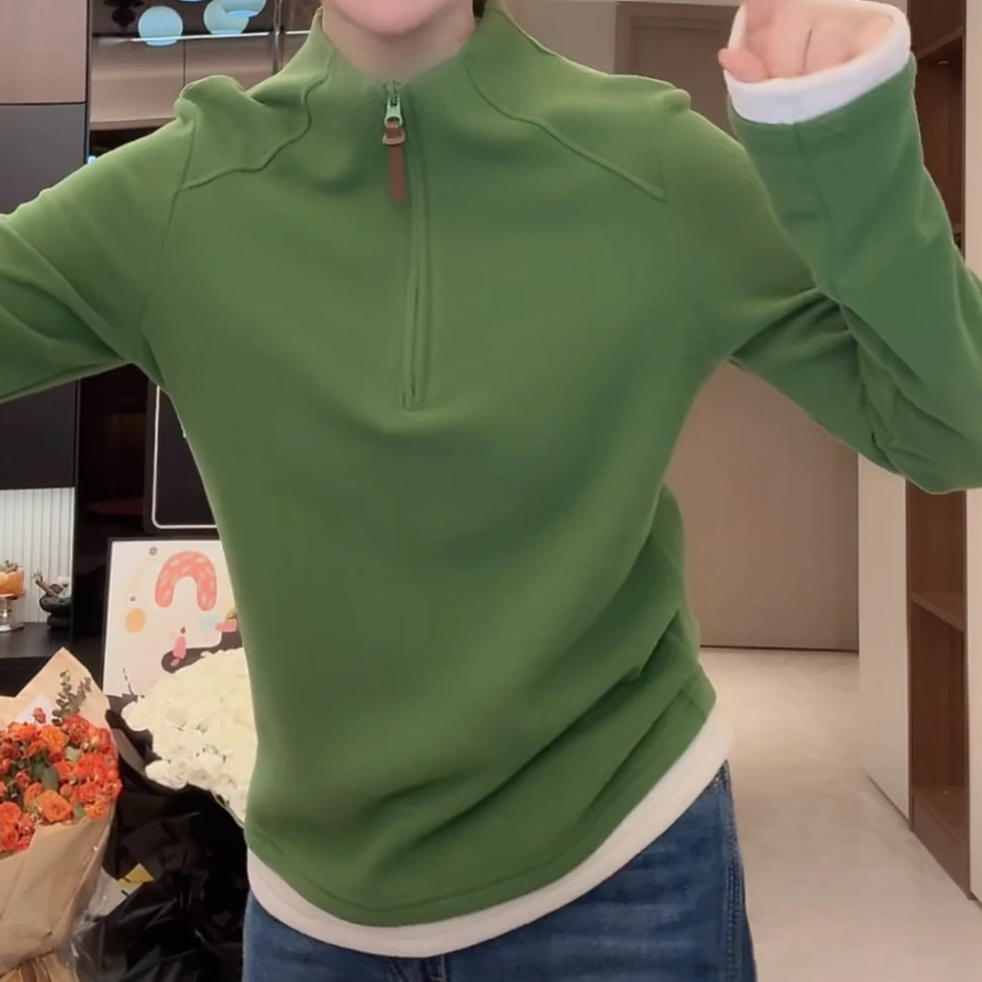 2025秋冬新款时尚百搭磨毛保暖半拉链女款拼接长袖显瘦德容打底衫