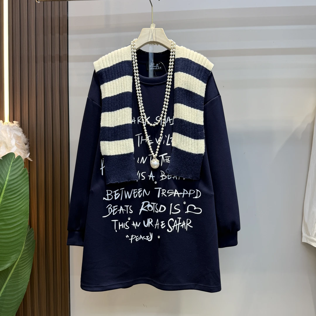 2025年早秋新款百搭针织披肩圆领字母卫衣85213