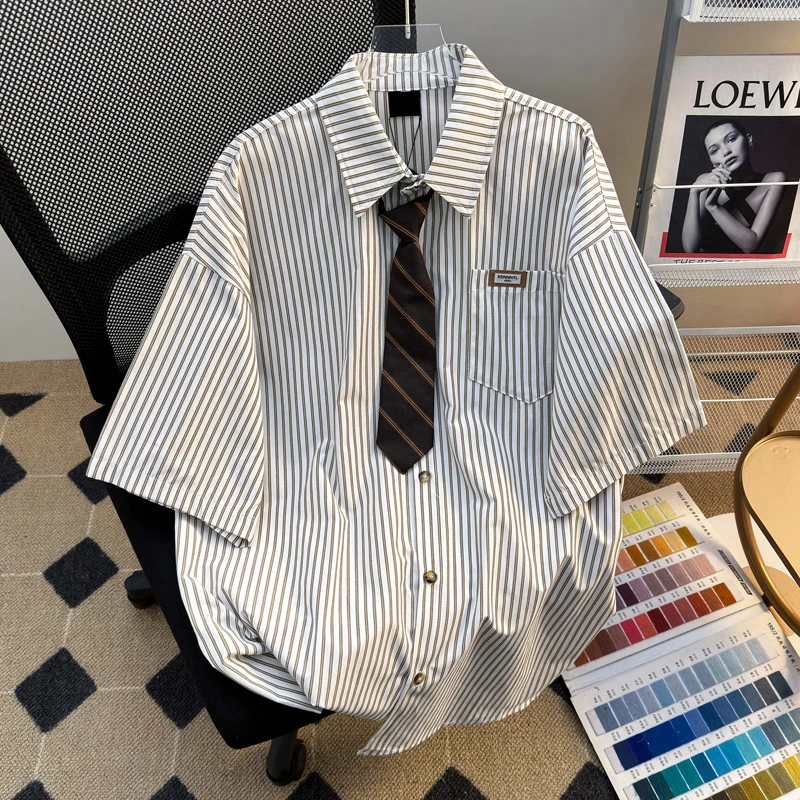 港风复古条纹短袖衬衫男女夏季设计感小众学院风宽松休闲百搭衬衣