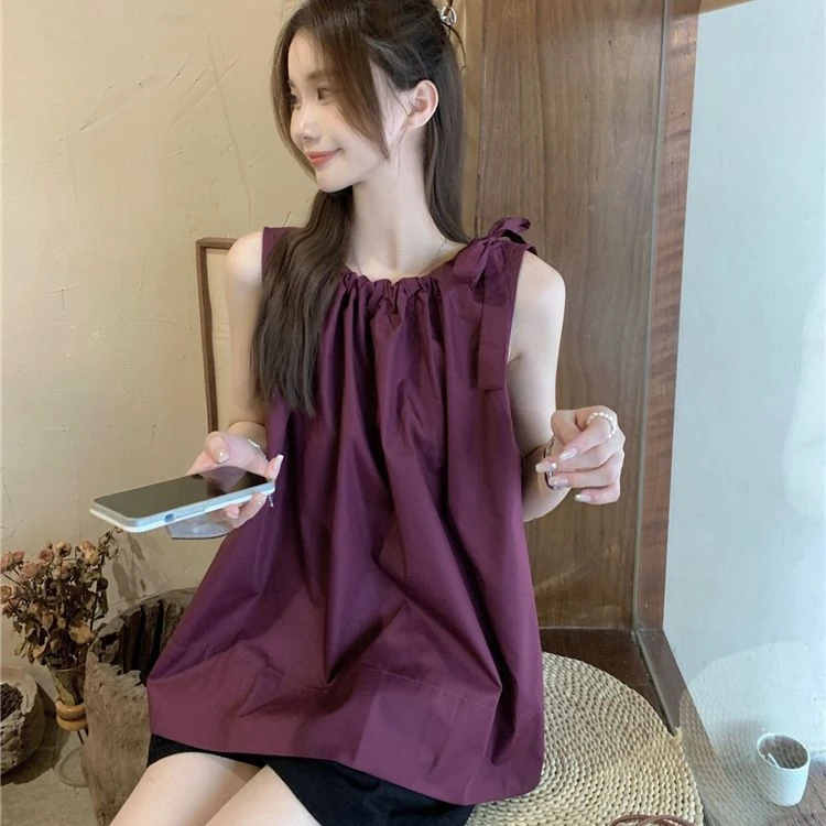 2025新款韩版圆领褶皱系带无袖背心衬衣女装宽松显瘦纯色气质上衣