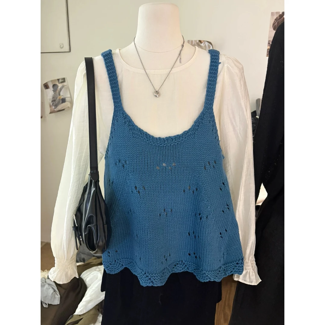 【按编码下单】韩系独特超好看的早秋新款镂空针织背心叠穿T桖衬衫